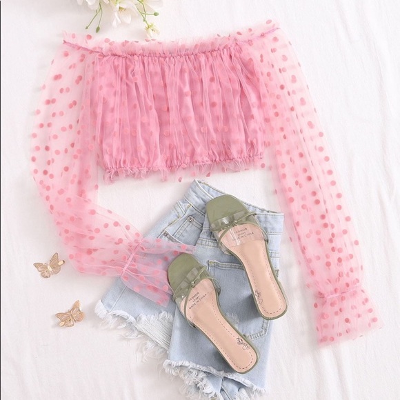 Tops - Sheer polka dot off the shoulder crop top
